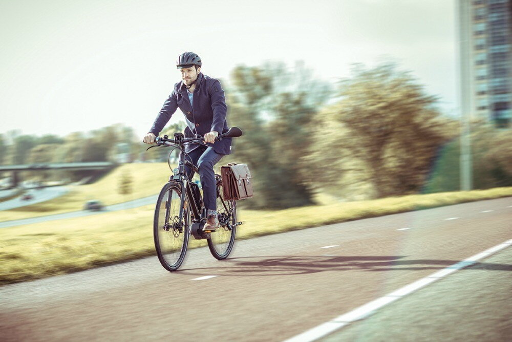 De boom en het Meer man met fietshelm op een e-bike