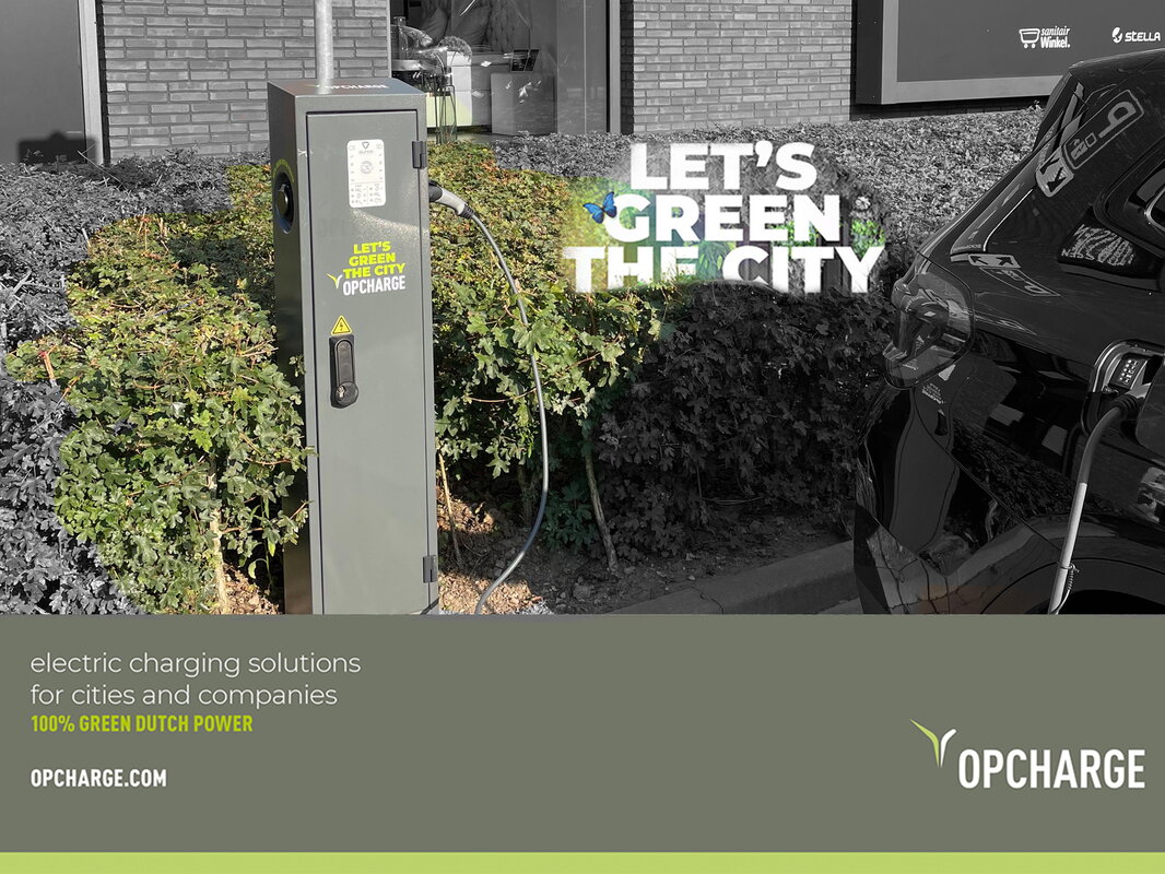 Elektrische Laadpaal Opcharge - slogan let's green the city electric charging solutions for cities and companies