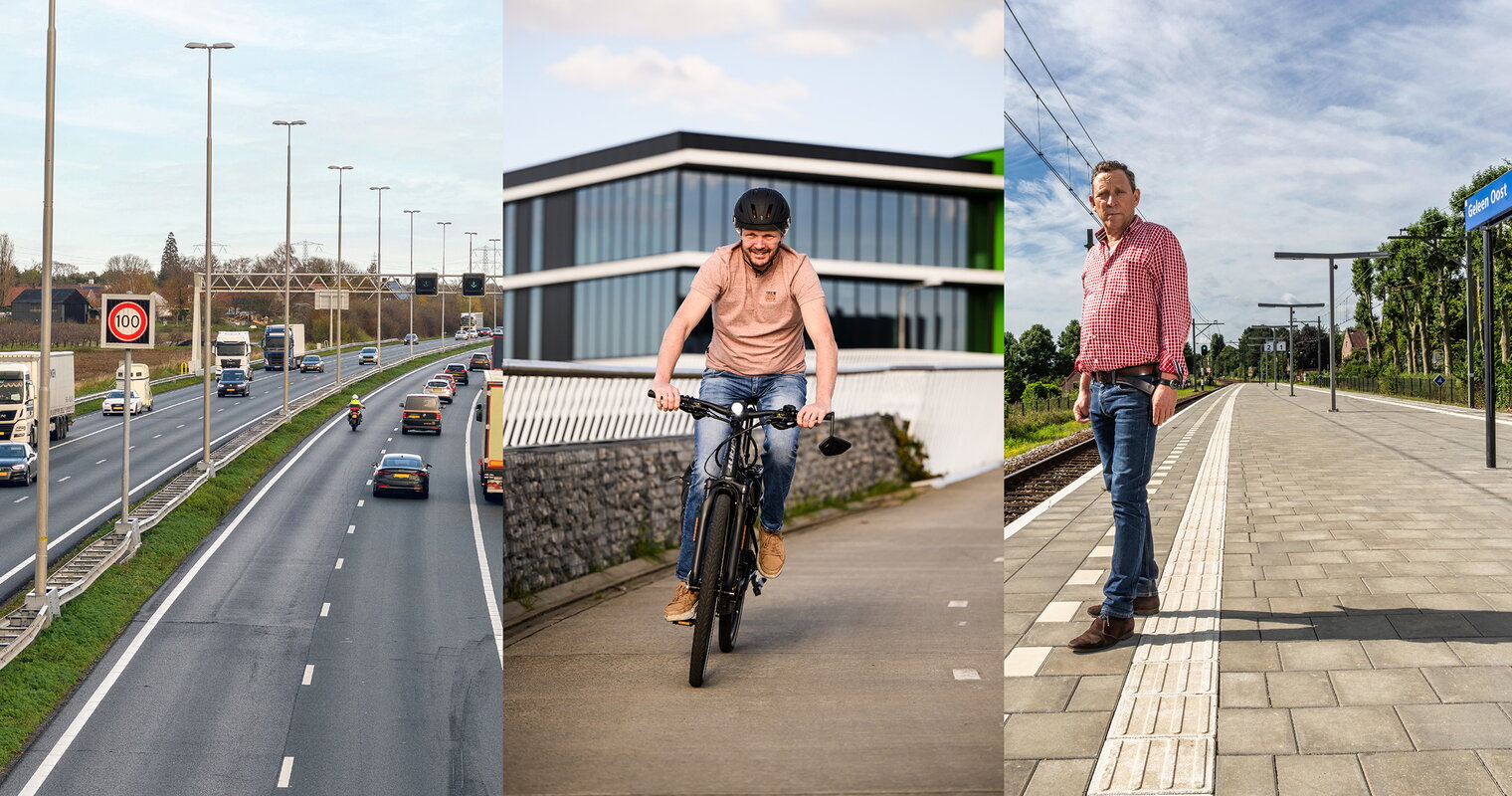 Bannercollage tijdend verkeerd op de A2 - man op Speedbike - man wacht op trein
