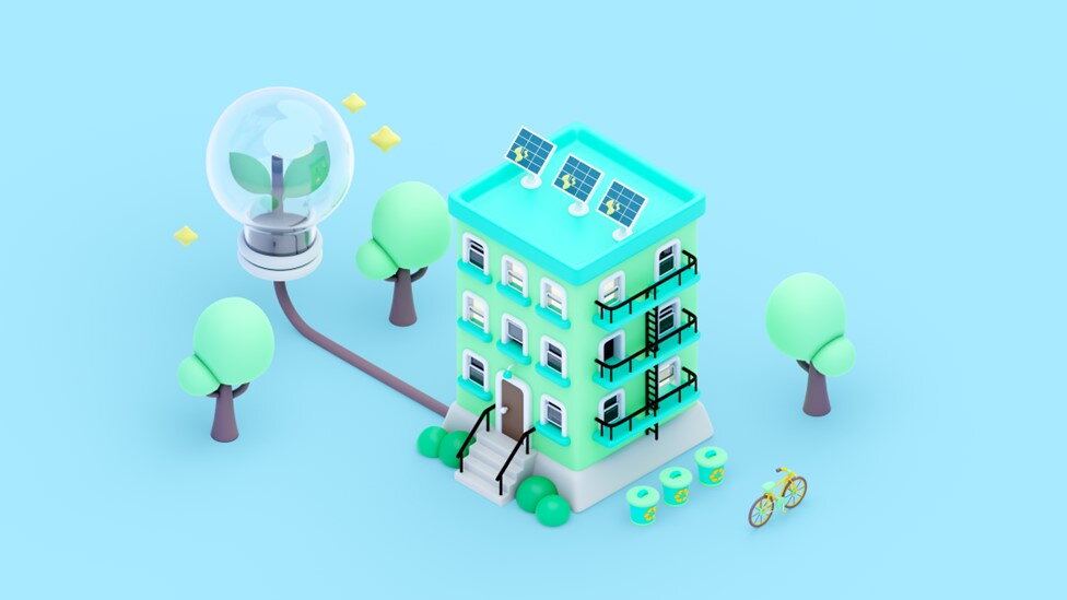Animatie van een kantoorpand dat gebruik maakt van duurzame energie
