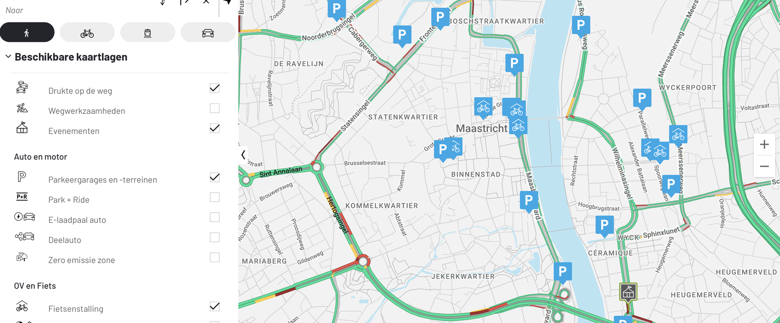 Voorbeeld van de live plattegrond van het centrum van Maastricht en een legenda met vervoersmiddelen en fietsenstalling