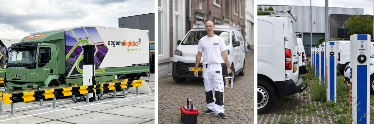 3 foto's: e-truck van Oegema, elektrische bestelbus van Bram Coenen, elektrische bussen en laadpalen van Hoppenbrouwers