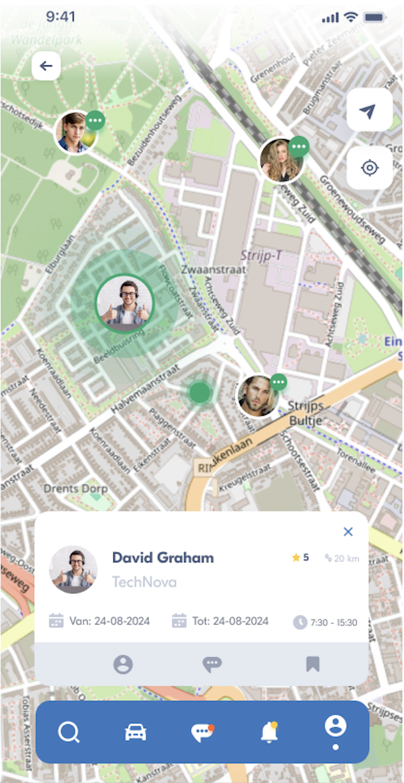 Mobiele printscreen van ColiRide carpoolapp met kaart waar je matches kunt zien en zoeken via de filters