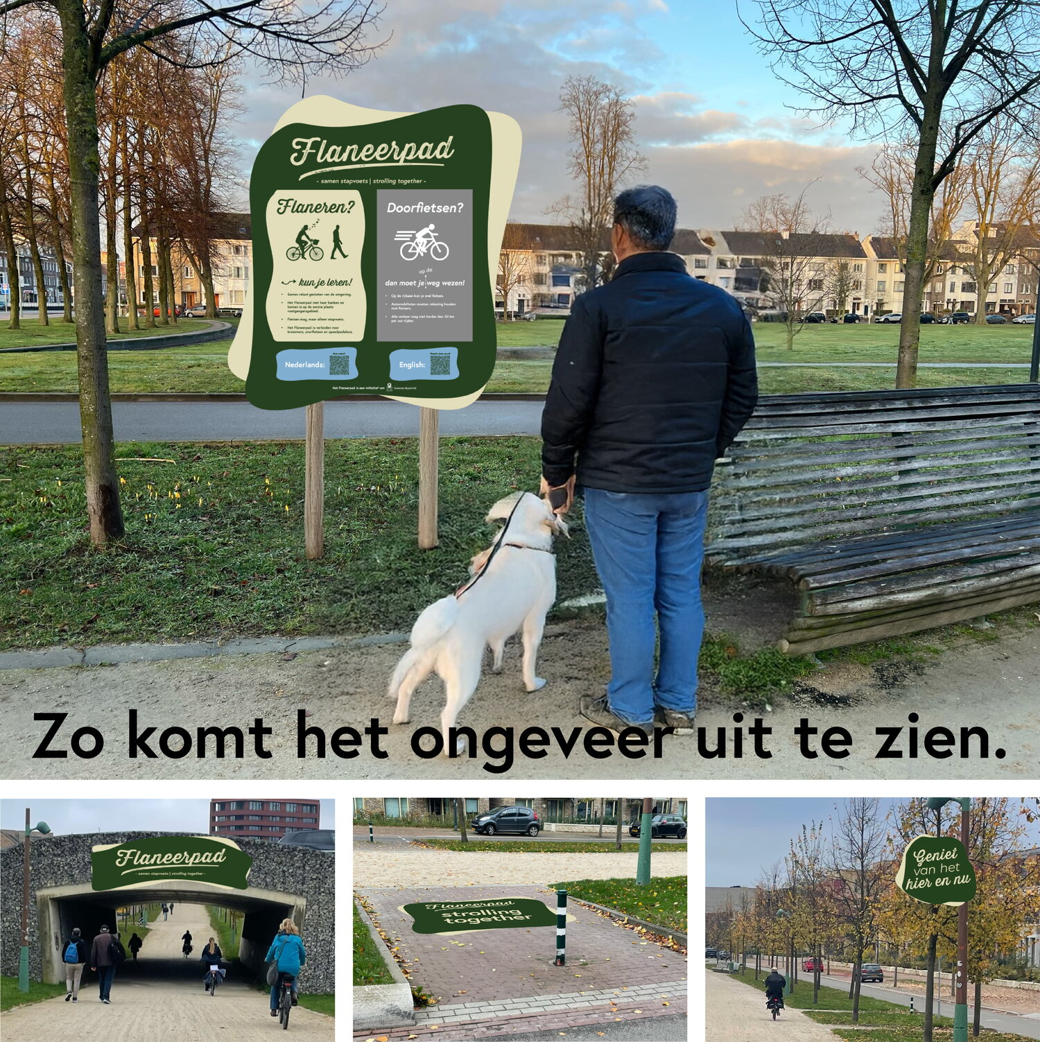 Collage van de symbolen waarmee je het Flaneerpad herkent.