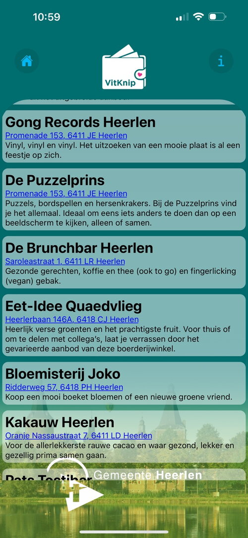 Printscreen app Vitknip van gemeente Heerlen - overzicht van deelnemende winkels onder andere Gong Records, De Puzzelprins en de Brunchbar