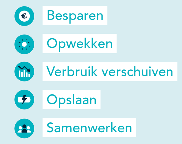 Besparen, opwekken, verbruik verschuiven, opslaan, samenwerken